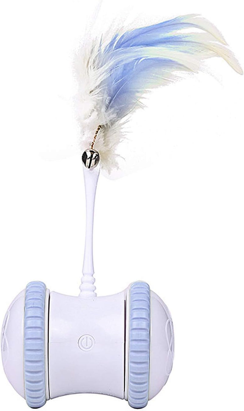 Automatic Cat Feather Toy, Interactive Indoor Electronic Irregular 360° Rotating Ball Rotating Cat Wheel Toys with LED Light, USB Rechargeable and Feather Replaceable (Blue)
