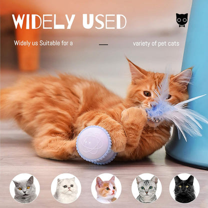 Automatic Cat Feather Toy,  Interactive Indoor Electronic Irregular 360° Rotating Ball Rotating Cat Wheel Toys with LED Light, USB Rechargeable and Feather Replaceable (Blue)