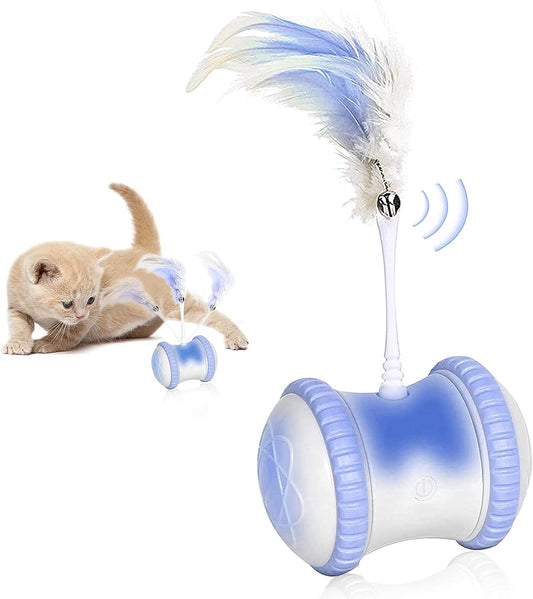 Automatic Cat Feather Toy,  Interactive Indoor Electronic Irregular 360° Rotating Ball Rotating Cat Wheel Toys with LED Light, USB Rechargeable and Feather Replaceable (Blue)