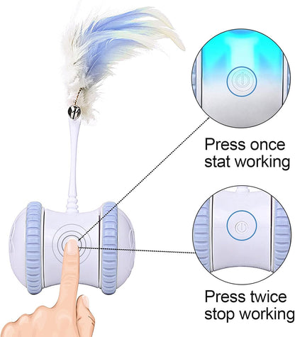 Automatic Cat Feather Toy,  Interactive Indoor Electronic Irregular 360° Rotating Ball Rotating Cat Wheel Toys with LED Light, USB Rechargeable and Feather Replaceable (Blue)