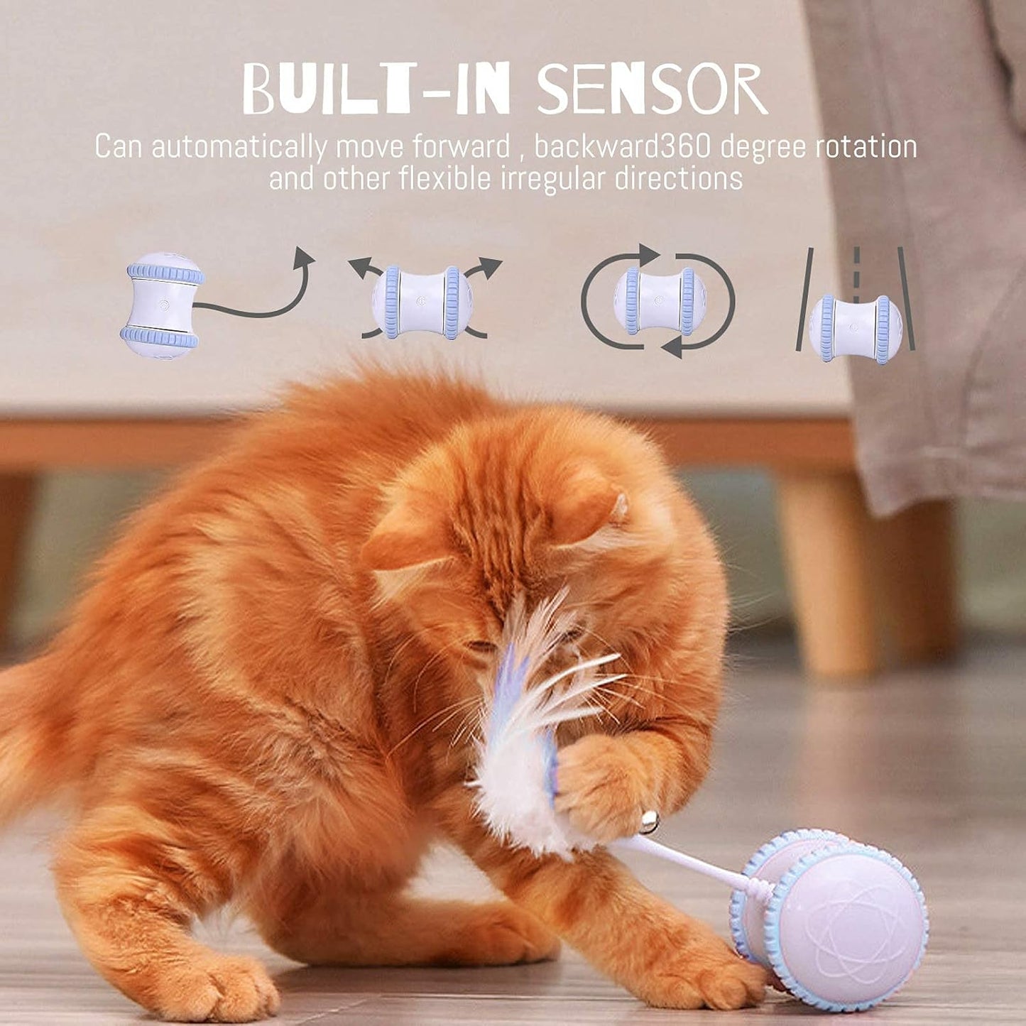 Automatic Cat Feather Toy,  Interactive Indoor Electronic Irregular 360° Rotating Ball Rotating Cat Wheel Toys with LED Light, USB Rechargeable and Feather Replaceable (Blue)