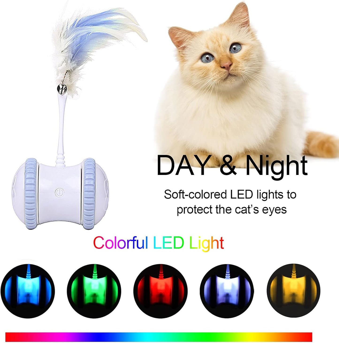 Automatic Cat Feather Toy,  Interactive Indoor Electronic Irregular 360° Rotating Ball Rotating Cat Wheel Toys with LED Light, USB Rechargeable and Feather Replaceable (Blue)