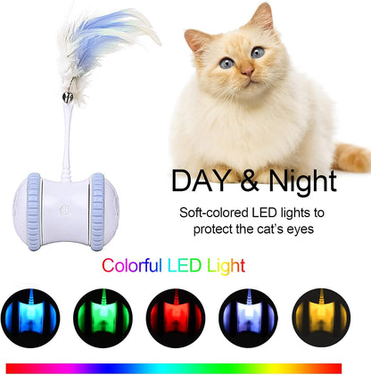 Automatic Cat Feather Toy,  Interactive Indoor Electronic Irregular 360° Rotating Ball Rotating Cat Wheel Toys with LED Light, USB Rechargeable and Feather Replaceable (Blue)